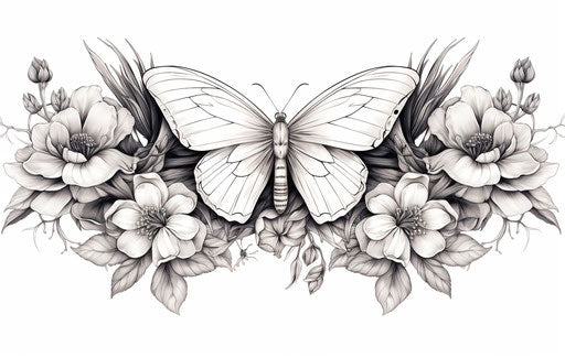 Moth and flowers tattoo, crowned moth, black and white line art