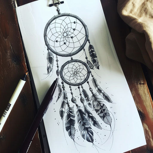 Drawing of a Native American dreamcatcher tattoo on white paper