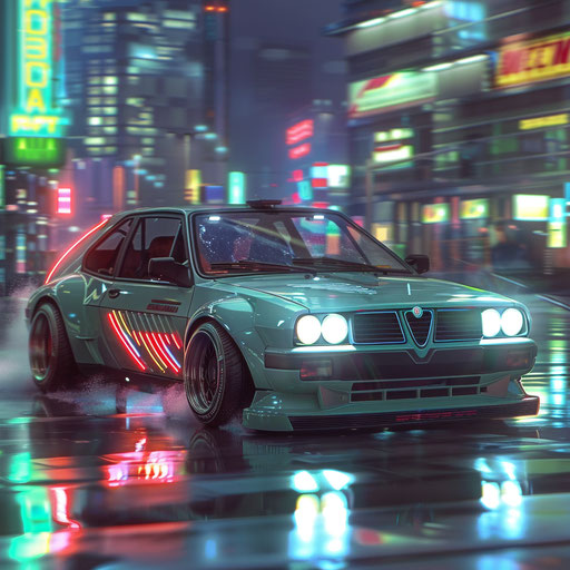 Cyberpunk Alfa Romeo Alfasud with holographic displays and LED underglow, cruising through a futuristic city.