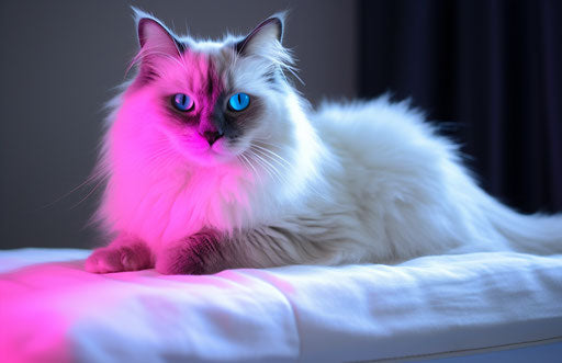 White and brown cat on bed, light magenta and dark azure style, strong expression, dark silver and light blue, c-mount lens, dullcore, dark blue and light beige, symmetrical 17:11