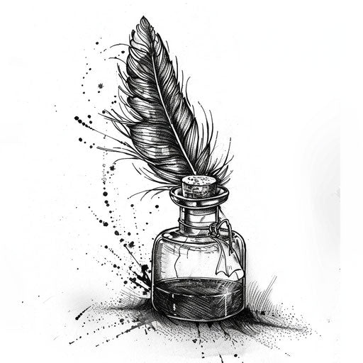 Feather quill and ink tattoo, symbolizing writing legacy