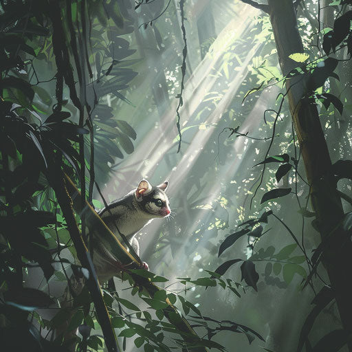 A sugar glider navigating in a misty forest