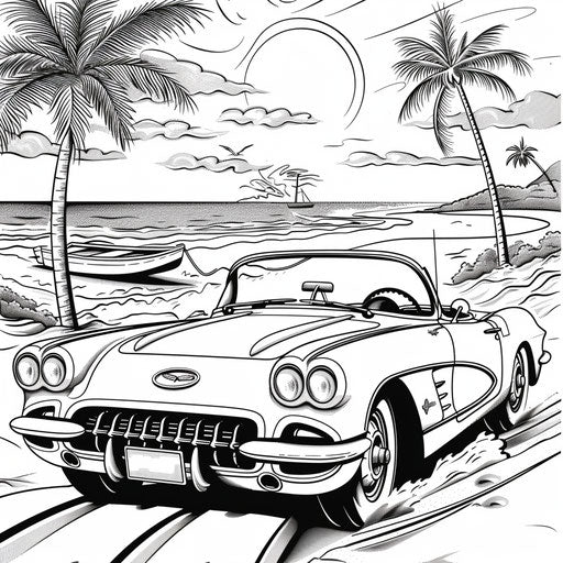 Whimsical car with surfboard on the roof