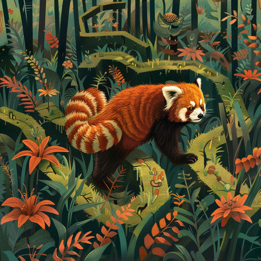 A red panda exploring an exotic labyrinth garden