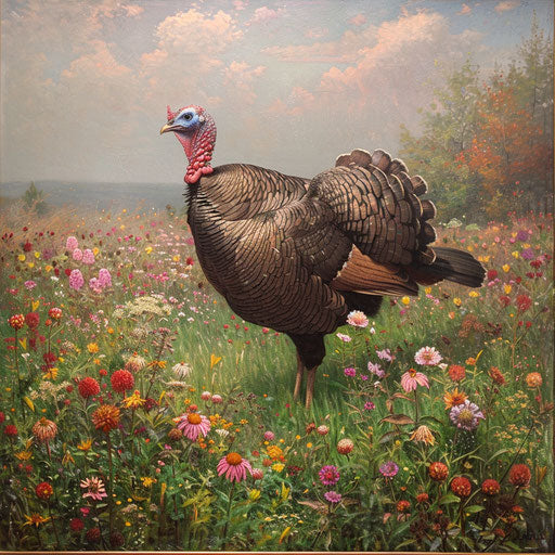 Wild turkey among blooming wildflowers