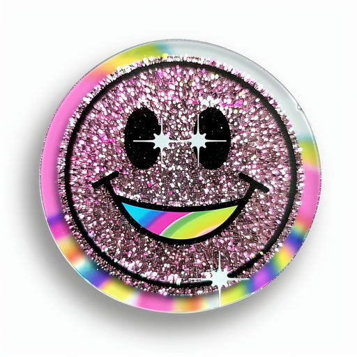 Sticker, pink glitter with rainbow smiley face