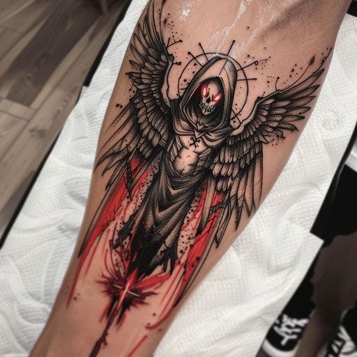 Bold sketch of the angel of death with fiery eyes tattoo
