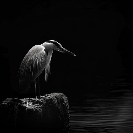 Blue heron in high-contrast black and white setting