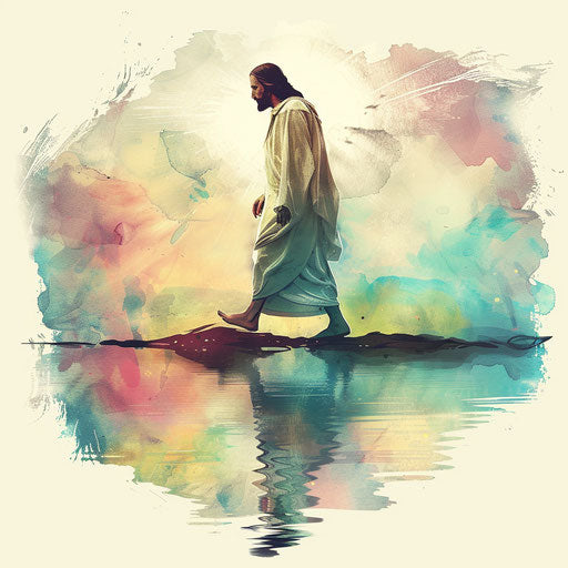 Minimalist flat tattoo sketch of Jesus walking on water