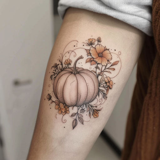 Elegant tattoo sketch of a pumpkin surrounded by delicate floral motifs in soft hues
