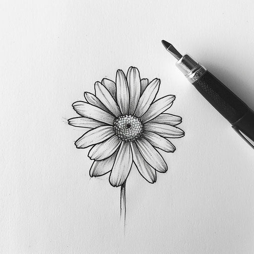 Sketch of a small daisy flower tattoo, inked in detail on a white canvas