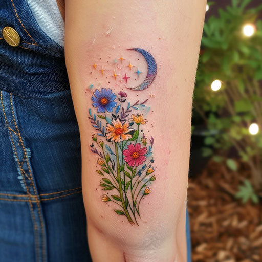 Wildflower tattoo with crescent moon, night sky elements, soft blues and purples