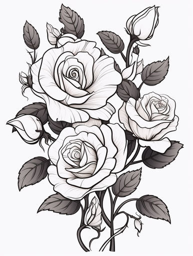 Three roses in black and white, whimsical line work