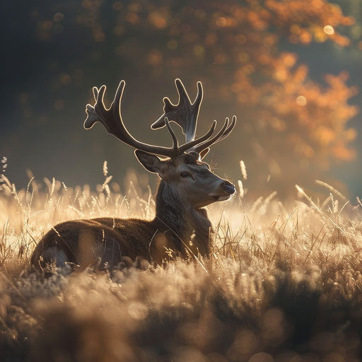 Deer resting in a field of tall grass with the morning mist
