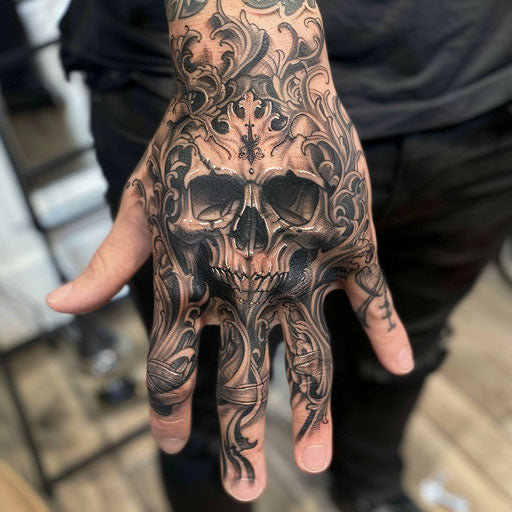 Skull hand tattoo in the style of David Palumbo with dark, artistic flourishes