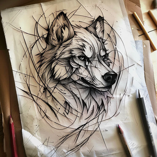 Hand-drawn tattoo sketch of a wolf with organic lines