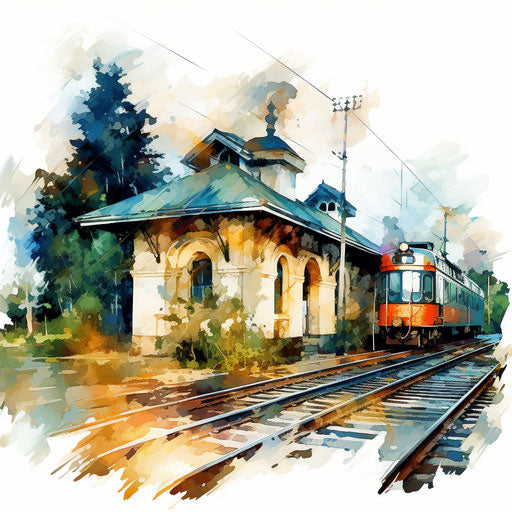 Illustration of train station in Impressionistic Art style