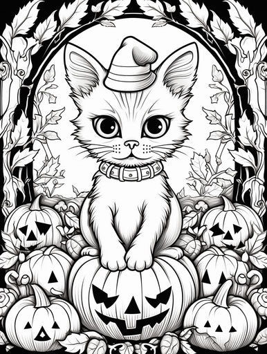 Halloween-style cat coloring page, clean inking, soft shading