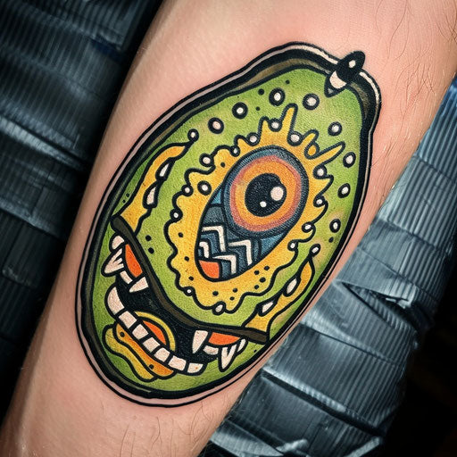 Bold flat sketch of an avocado with a neon tribal mask face