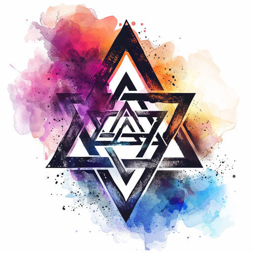 Minimalist clipart tattoo sketch of Valknut symbol with watercolor background