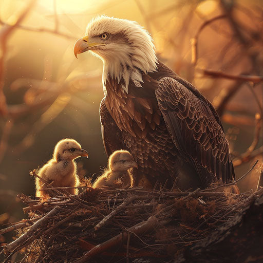 Bald eagle nest with eaglets, soft and warm tones