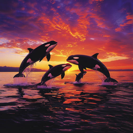 Sunset seascape with synchronized killer whales