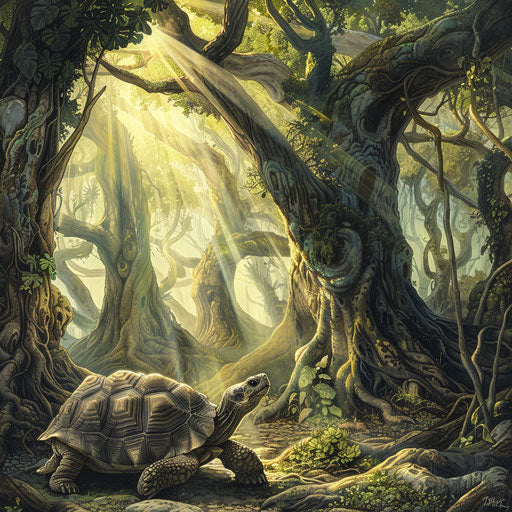 Texas tortoise gazing at ancient trees in a mystical forest