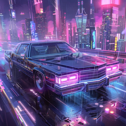Retro-futuristic car in sci-fi city