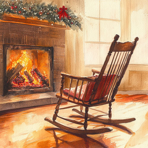 Vintage wooden rocking chair by the christmas fire