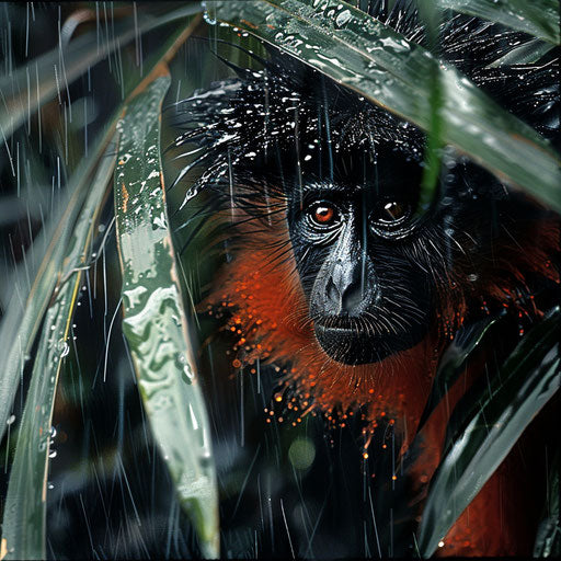 Zanzibar red colobus under giant fern in tropical downpour