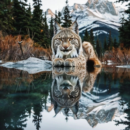 Lynx reflection in still waters of a mountain lake