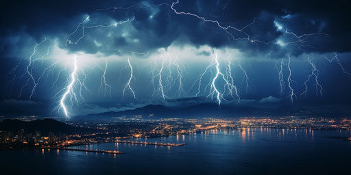 Lightning over the sea in the style of majestic ports, mesmerizing optical illusions, National Geographic photo, 8k, metropolis meets nature, spectacular show of ages 2:1