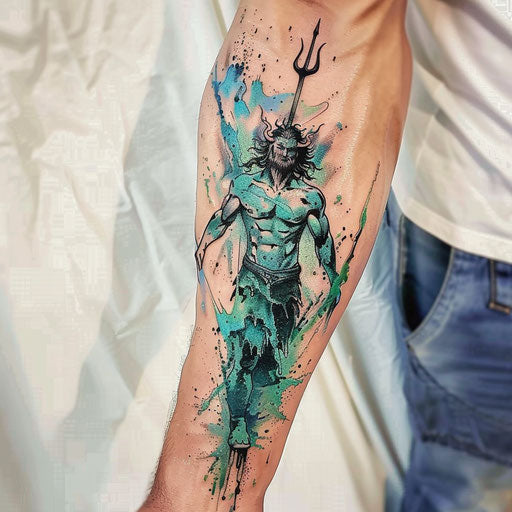Poseidon emerges from the sea with trident, sea green and blue splashes on white