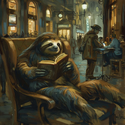 A sloth in a cafe, sipping coffee and reading a book, in a bustling city square.