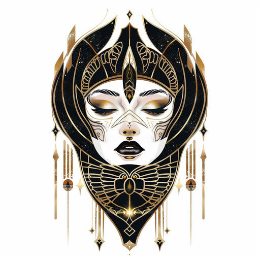 Art deco inspired tattoo sketch of Aphrodite with symmetrical designs and glossy black and gold