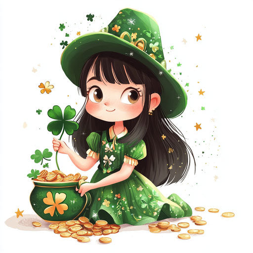 Cute girl in green with hat adorned with clovers, gold coins