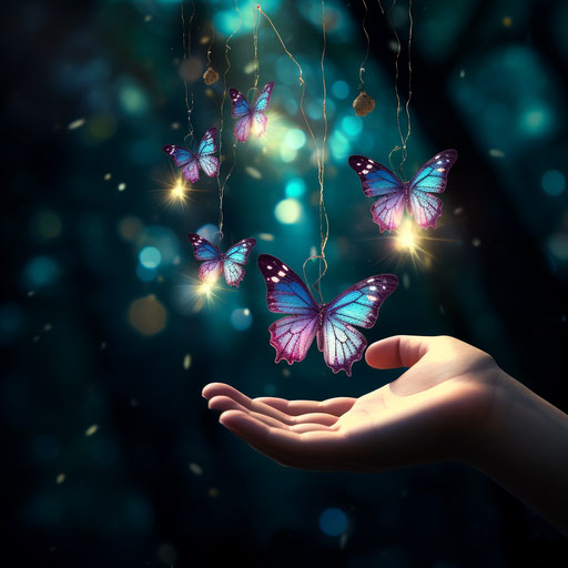 Beautiful image with hand, butterflies and glimmering lights