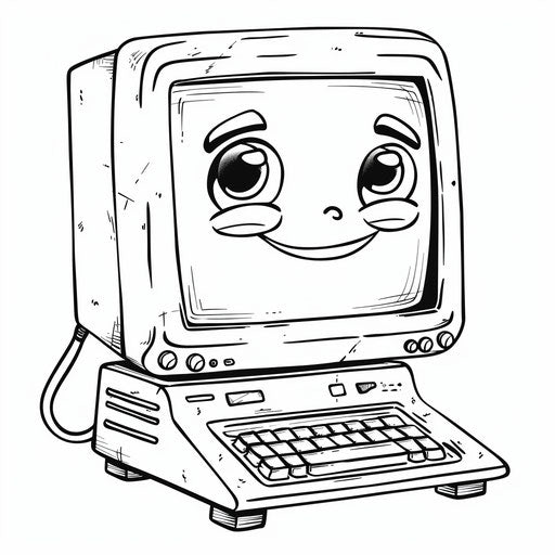 A whimsical cartoon computer with a smiling face on the screen. Coloring book page