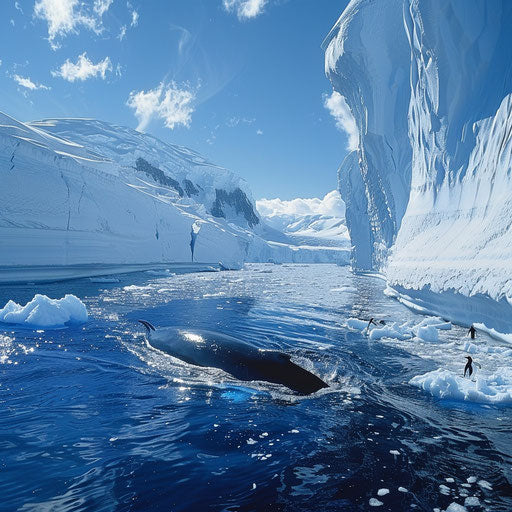 Blue whale navigating among glaciers in Antarctica