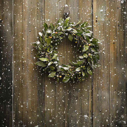 Mistletoe wreath hanging on rustic barn door