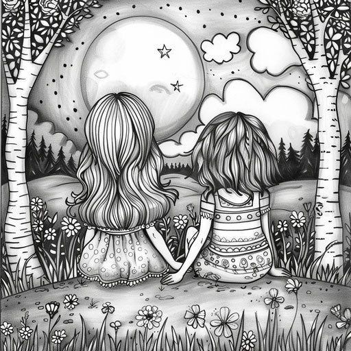 Best friends in a dreamy landscape, in the style of Mindy Sommers, Coloring book page