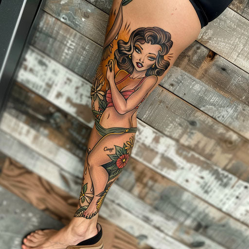 Classic pin-up girl leg tattoo in the style of Ed Hardy