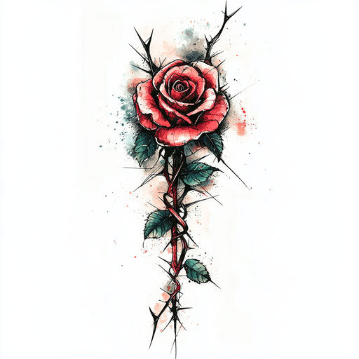 Men's inner bicep tattoo: watercolor rose and thorns