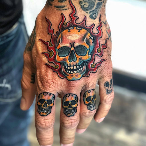 Finger tattoo of traditional skulls and flames