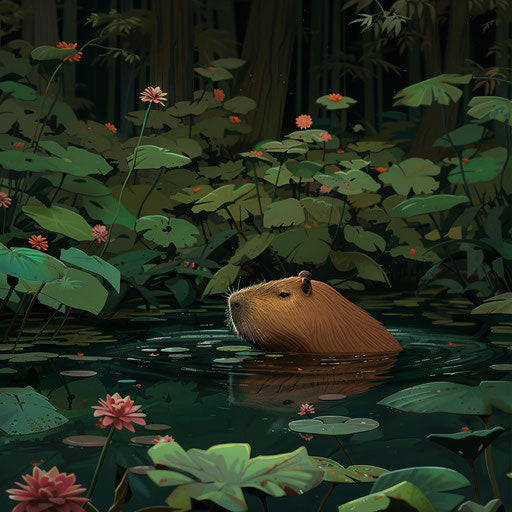 Capybara swimming in a calm pond surrounded by lush vegetation