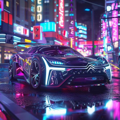 Cyberpunk Citroen DS 20 with neon lights in neon city