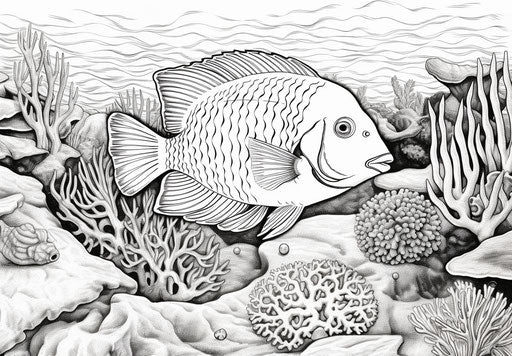 Tropical fish coloring page, quirky realism style
