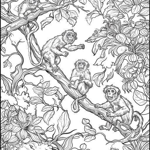 Jungle scene with monkeys swinging from tree to tree