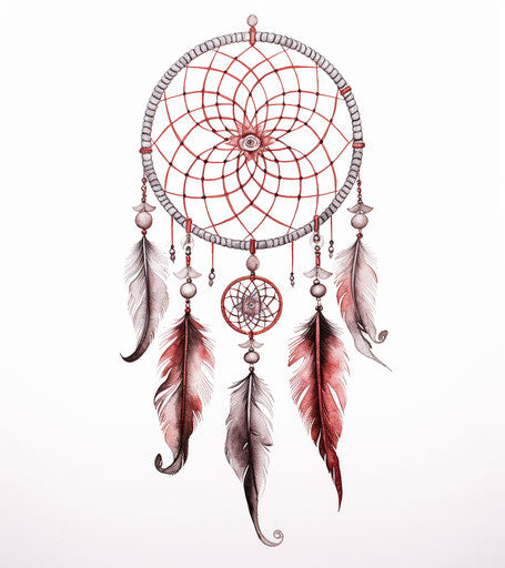 Dream catcher on white background, dark silver and light maroon, detailed cross-hatching