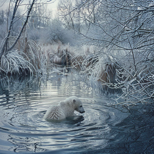 First swim of a young polar bear in a tranquil icy pond